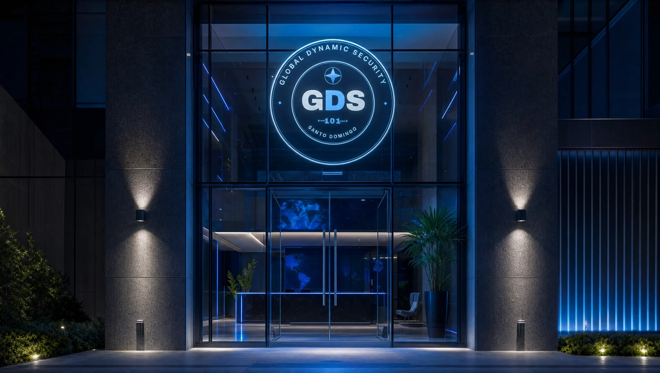 Fachada de la sede de GDS con identidad corporativa a plena luz del día.