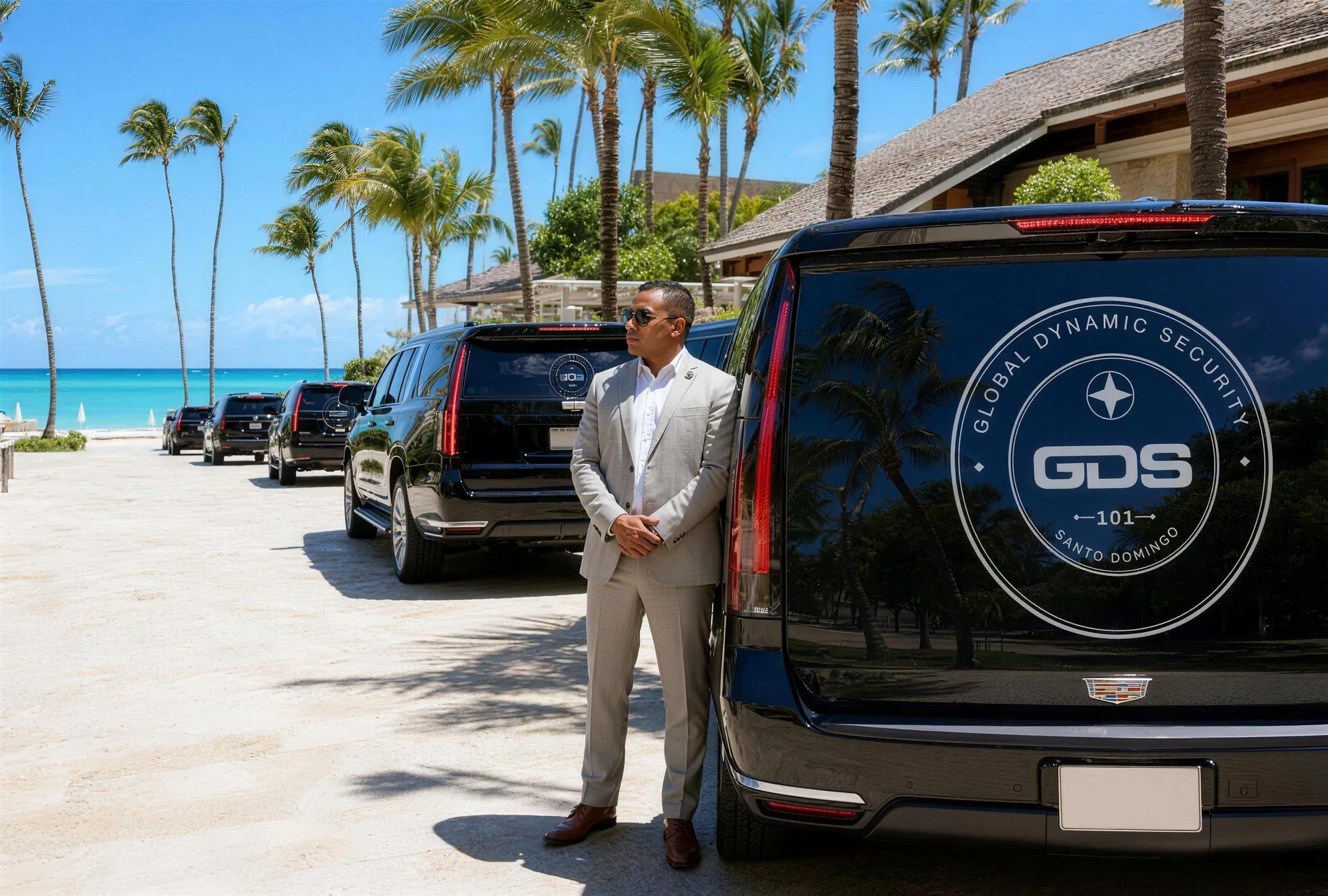 Flota de SUVs negros de GDS con agentes de protección ejecutiva en la entrada de un resort caribeño.