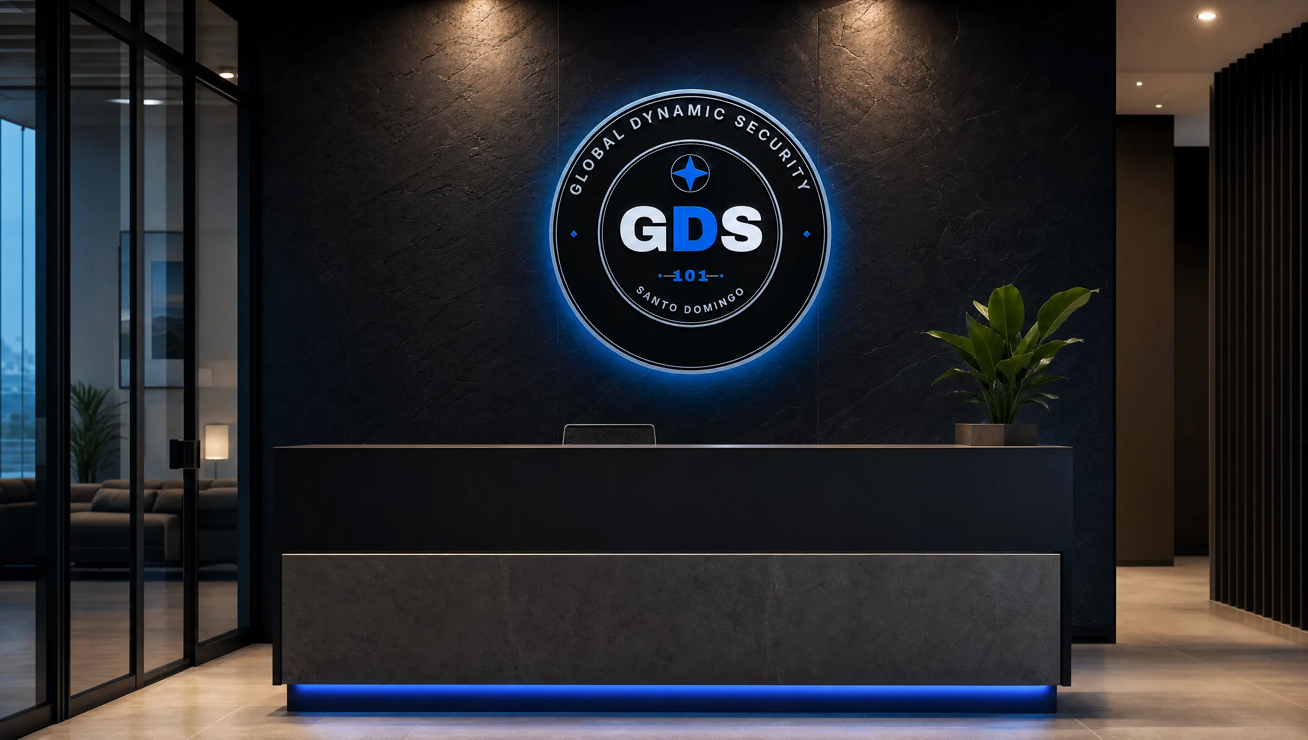 Recepción premium de GDS con el sello GDS sobre muro corporativo.